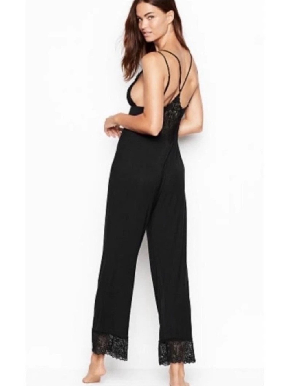 Victoria’s Secret Women’s Black V~Neck Lace Trim Sexy Sleep Jumpsuit Sz S - Picture 12 of 12